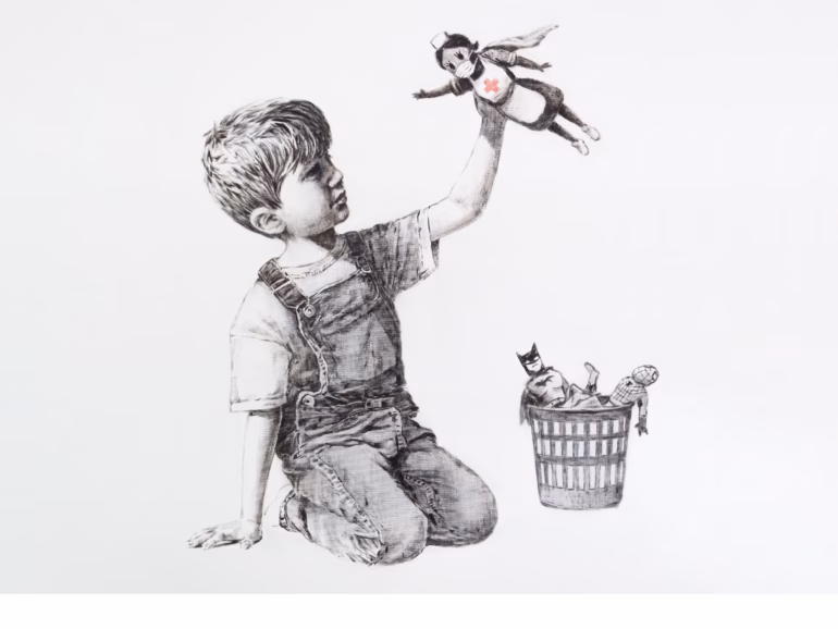 Banksy doa arte homenageando profissionais de saúde lutando contra o Corona Vírus Covid-19