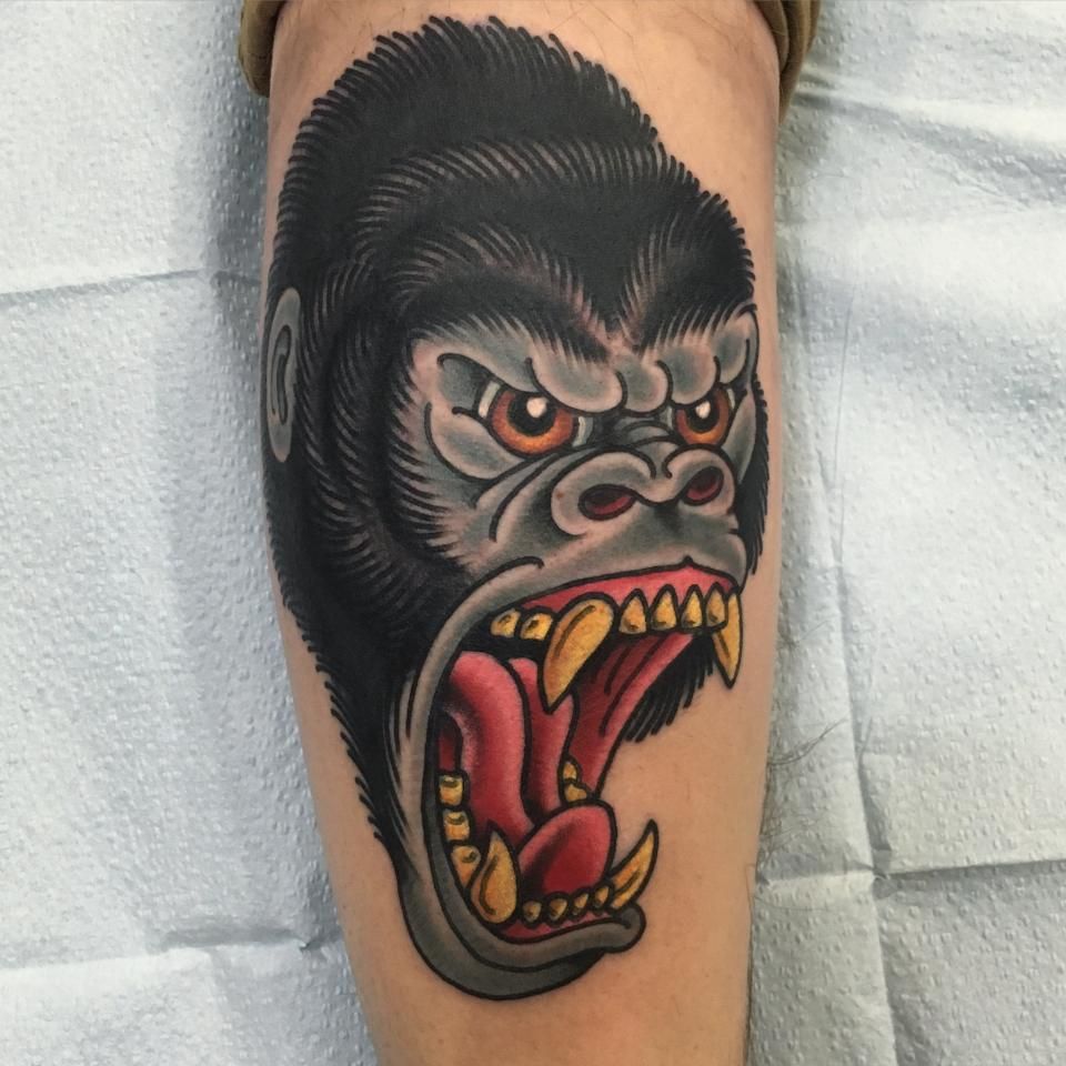 Colorful Gorilla Face Tattoo On Hand