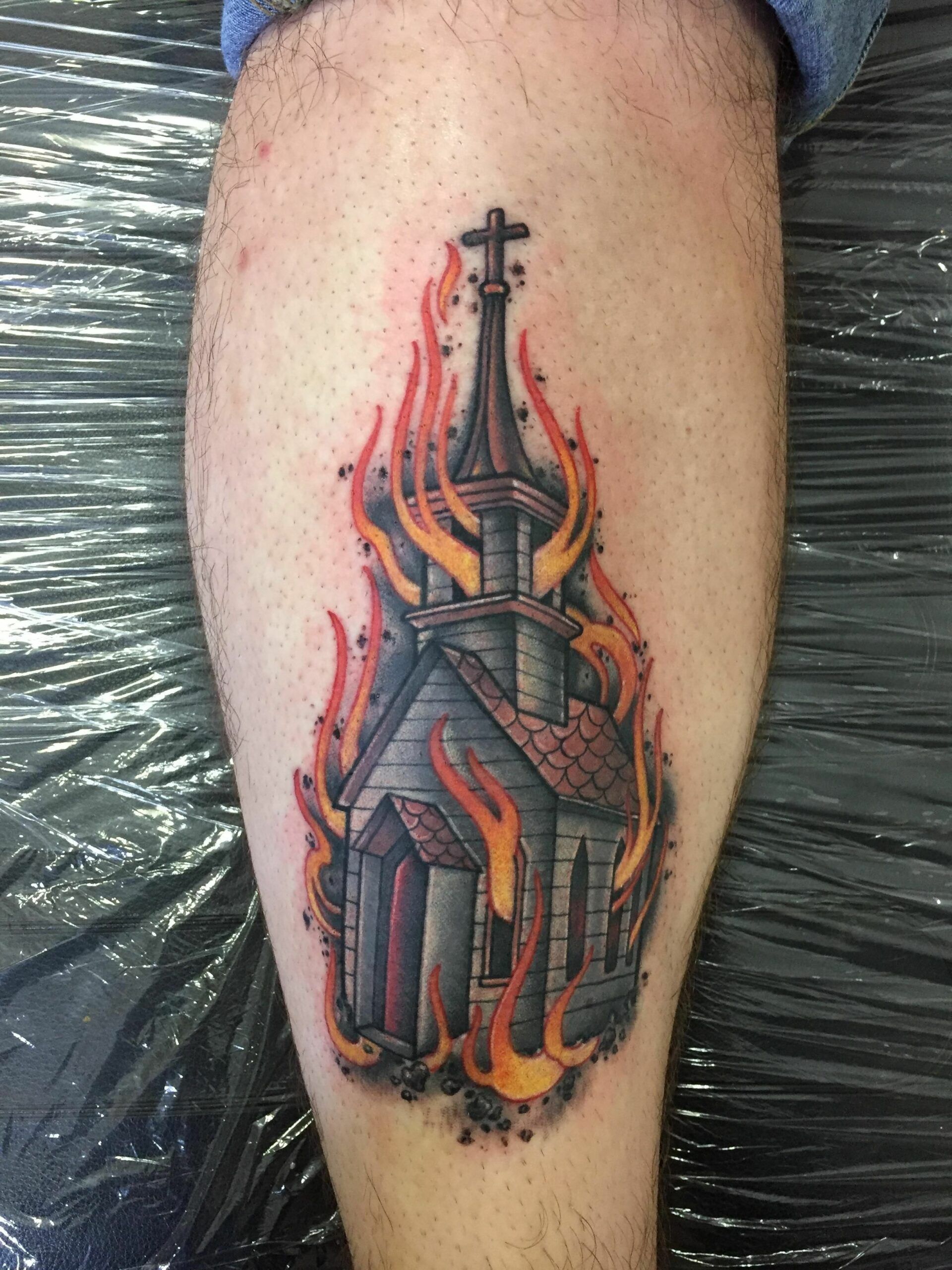 Burning house done by me, Nate Masi at Intricate Ink Tattoo in Peabody MA :  r/traditionaltattoos